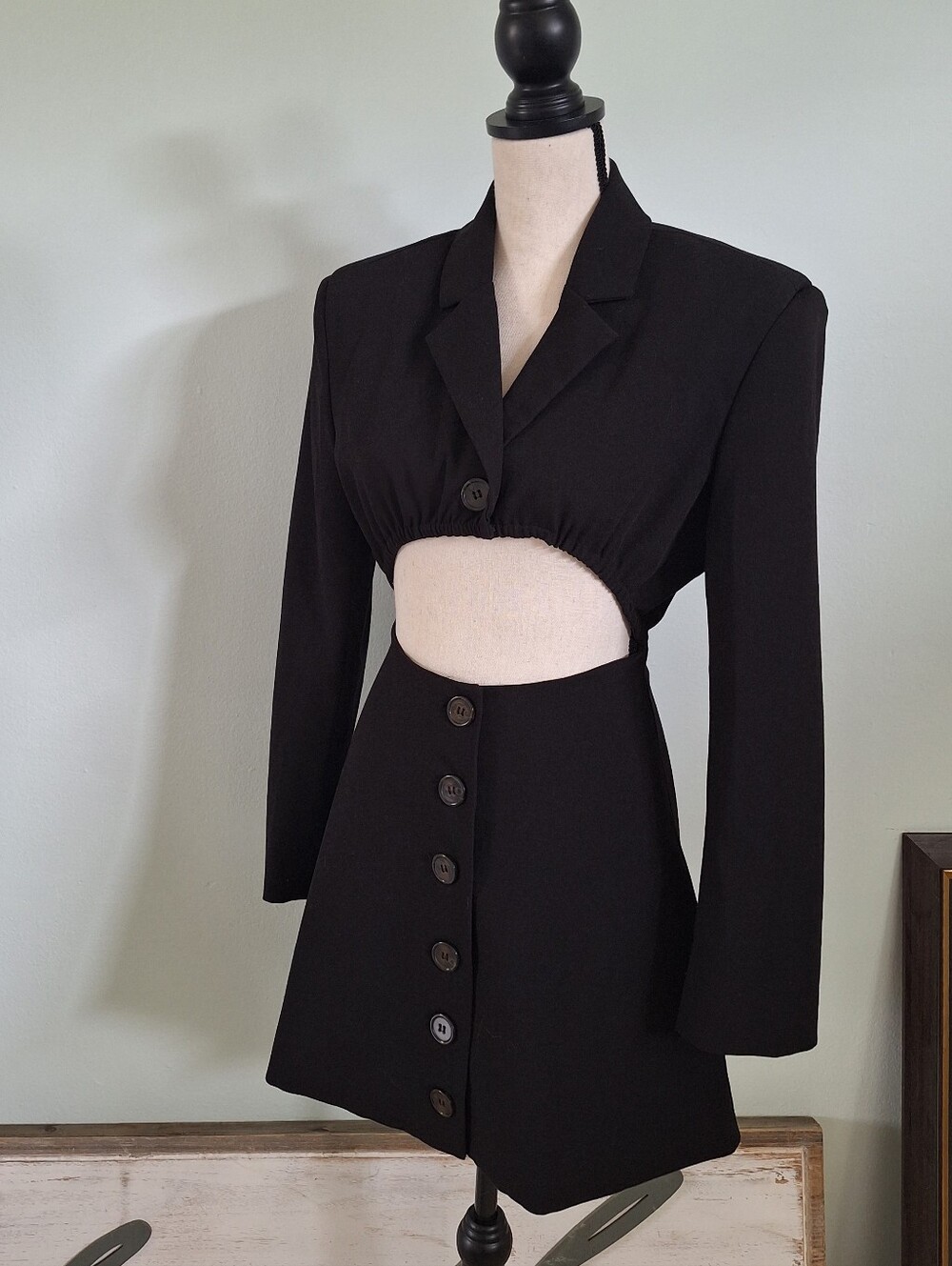 Danielle Bernstein Black Cutout Button-Front Structured Long Sleeve Mini Dress